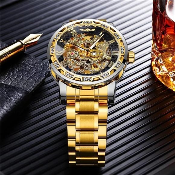 Retro Manual Mechanical Skeleton Watch with Diamond and Carving Flower, Gold 1 - Picture 5 of 6